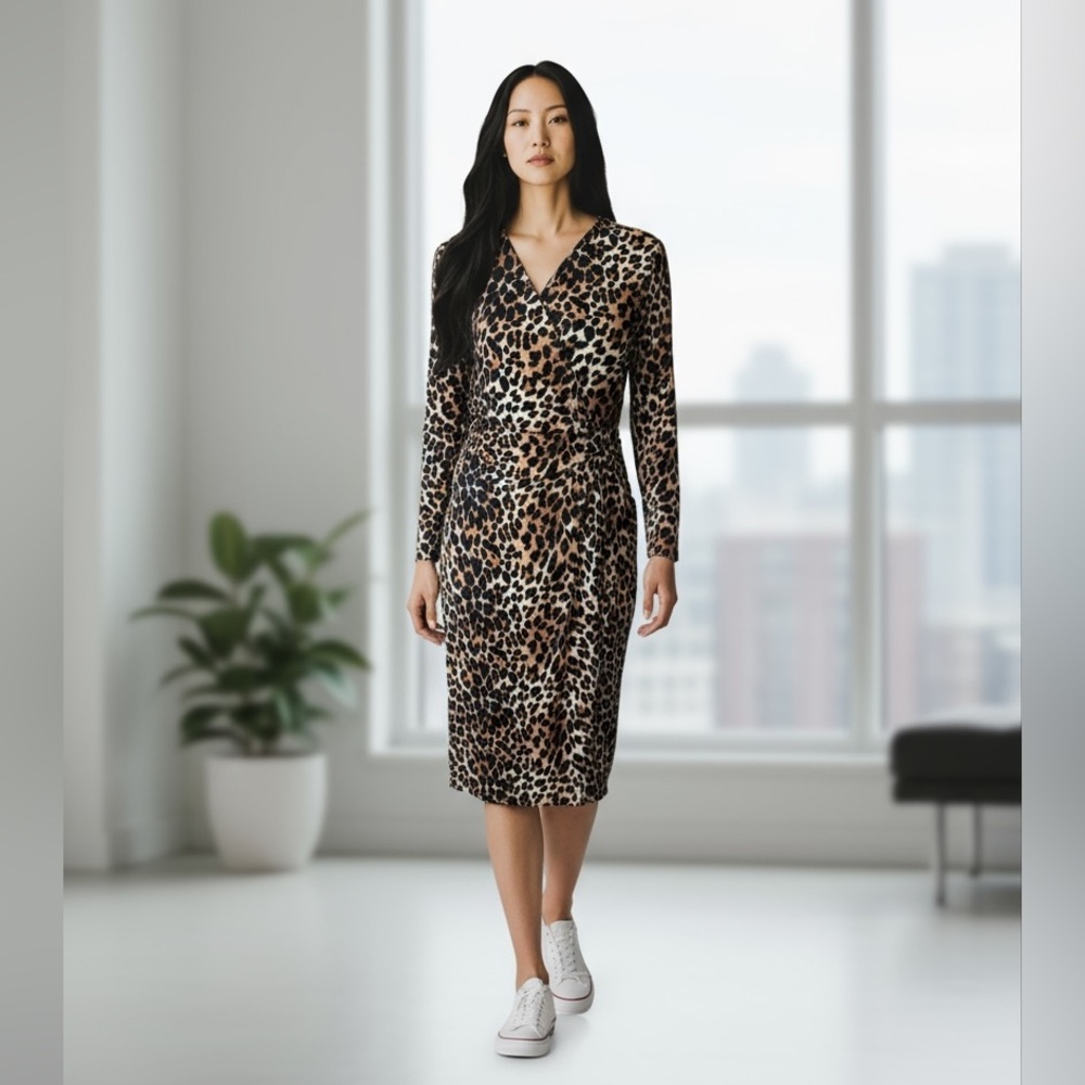 NWT Anne Klein Animal‎ Print Faux Wrap Stretch Dress - Picture 2 of 9